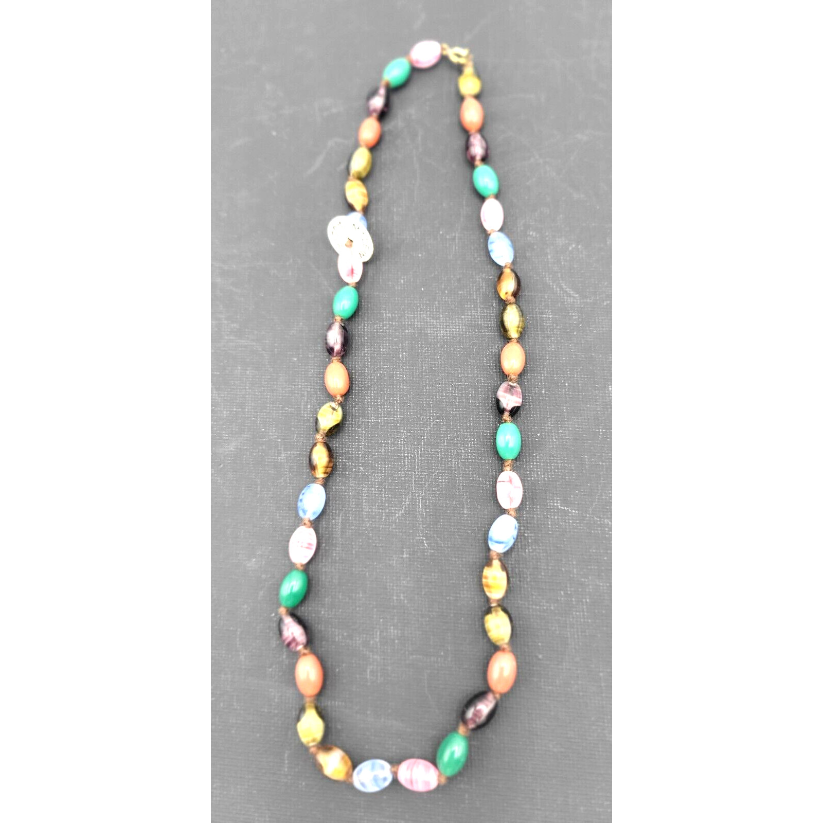 Vtg 60s Multicolor Oval Glass Bead Necklace Knotted 19″ Austria NEVER WORN YK