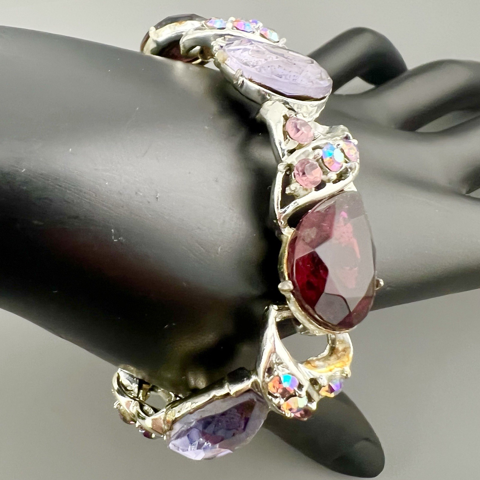 Vintage AB Rhinestone Bracelet Purple Red Link Statement Silver Tone 6.75”