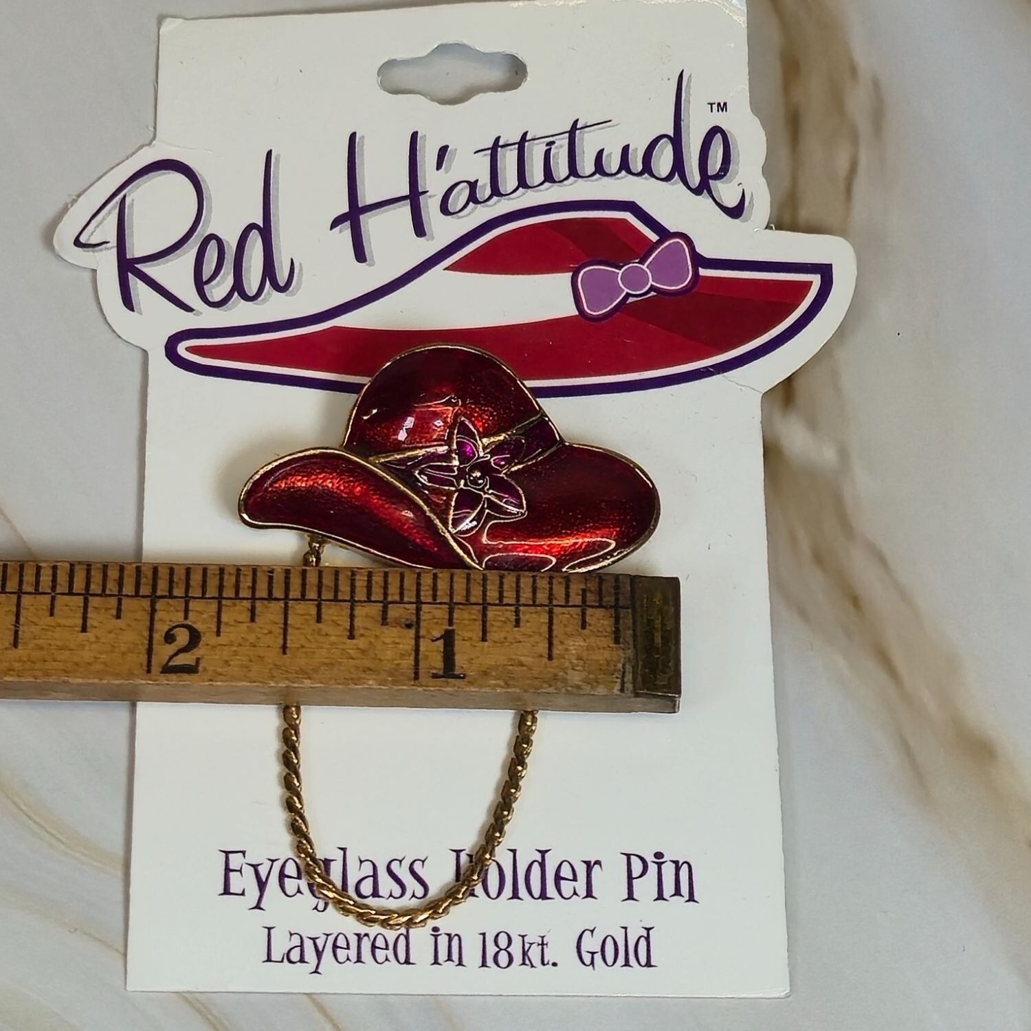 NEW 18K Gold Red Hattitude hat Society Eyeglass Holder Pin Brooch Vintage NOS