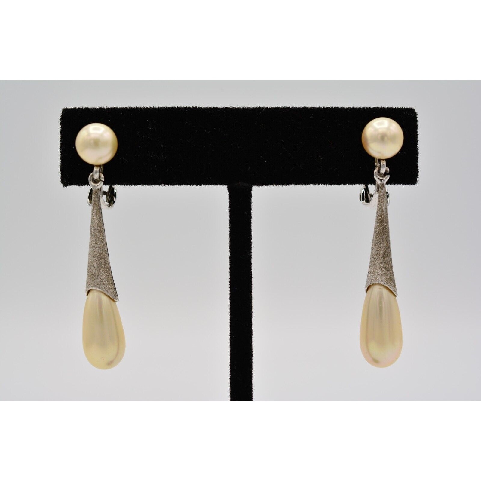 Vintage Dangle Earrings Silver Tone Faux Pearl Drop Textured Signed 1980s Bin7