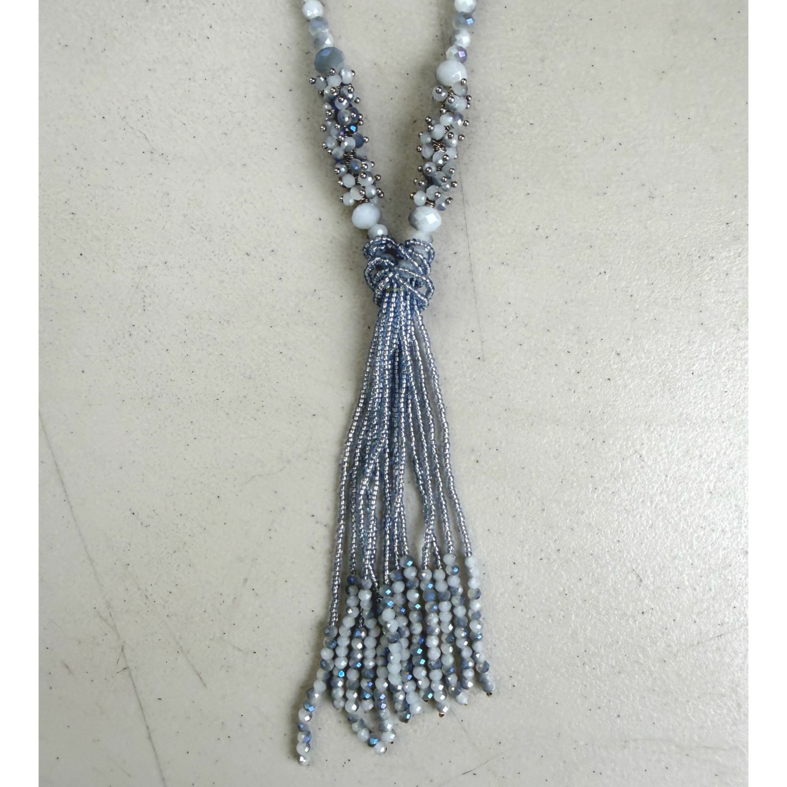 Vintage AB Faceted Crystals Necklace 90s Beaded Tassel Flapper White/Blue-Gray