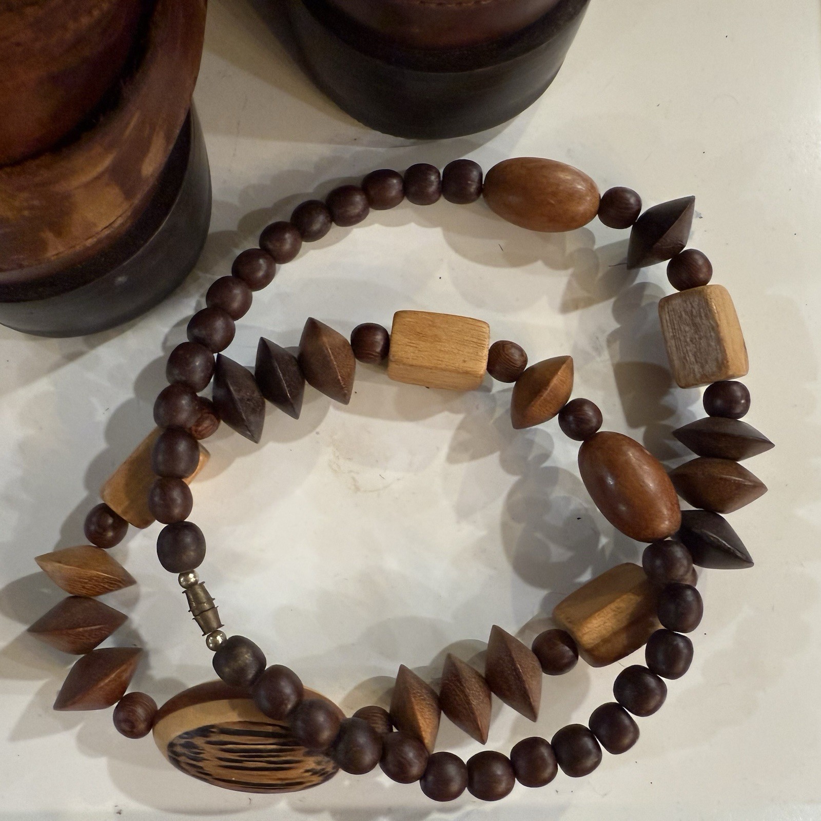 Vintage Carved Wood Beaded Necklace Bohemian Chunky Statement Barrel Clasp 27”