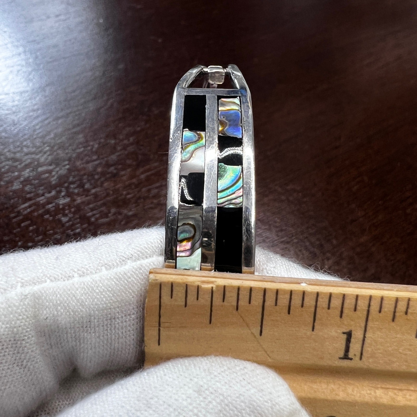 Vintage Alpaca Mexico Abalone Onyx Inlay Bangle Bracelet Silver Tone 7.25 in