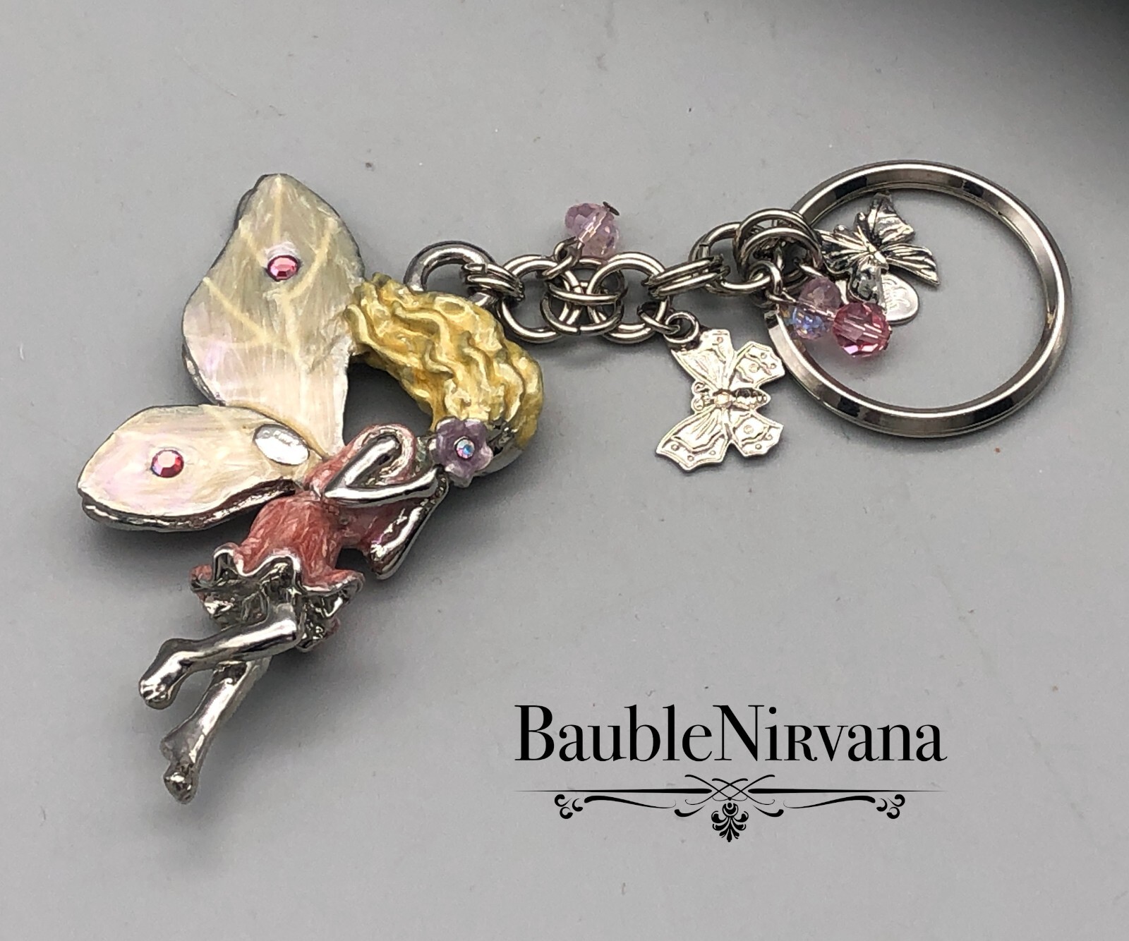 Vintage Kirks Folly Silver Plated Enamel Butterfly Fairy & Charms Key Ring Chain
