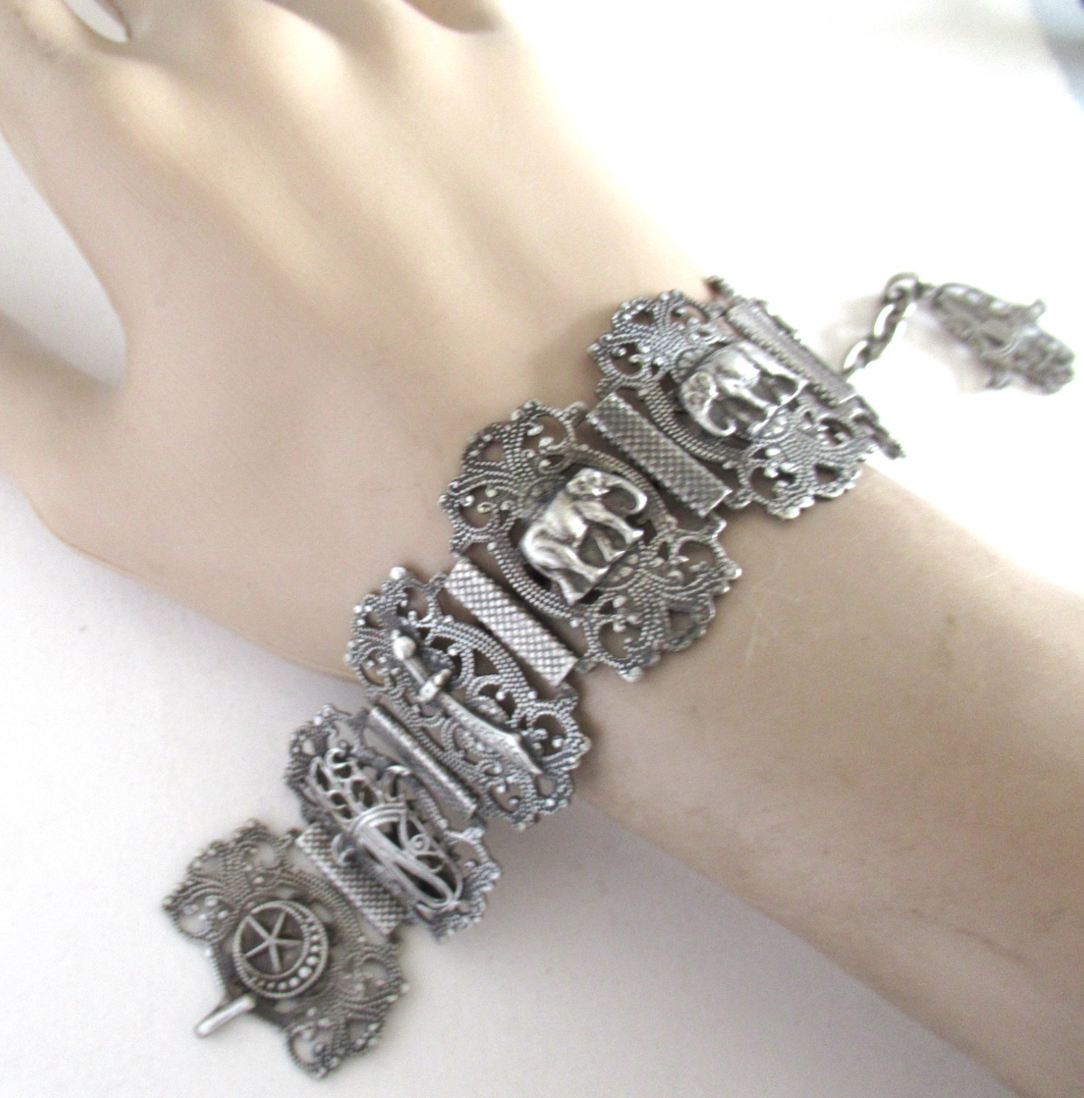 VINTAGE or ANTIQUE TURKEY STERLING BRACELET, 6 1/2 to 7 1/2″ WRIST , 1.25 INCH W