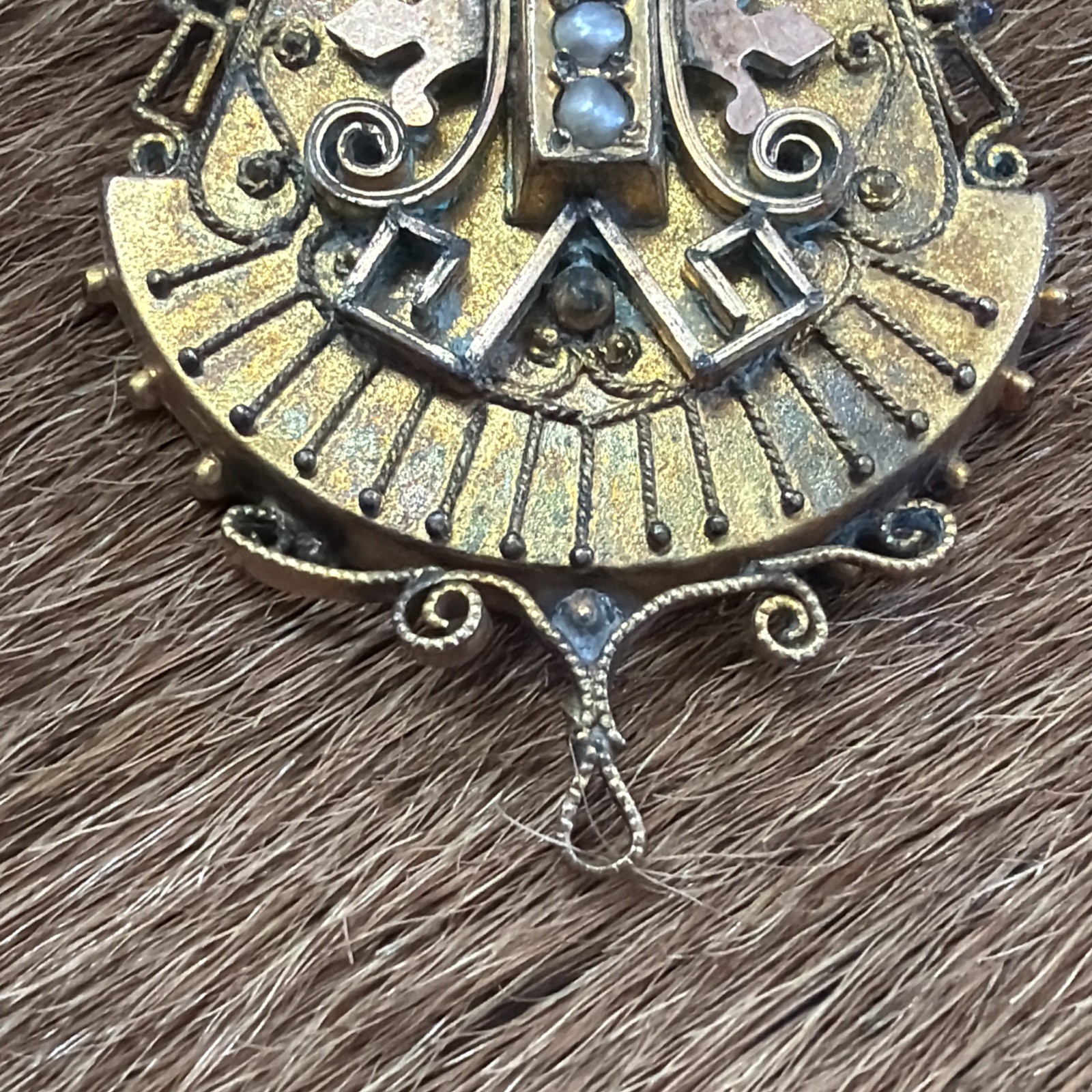 Vintage Late 1800’s Victorian Gold plated seed Pearl Etruscan Pendant/broach
