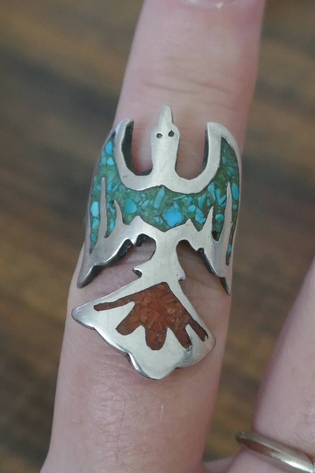 Vintage Southwest Sterling Turquoise & Coral Ring – Size 4.25 / 6.8 Grams
