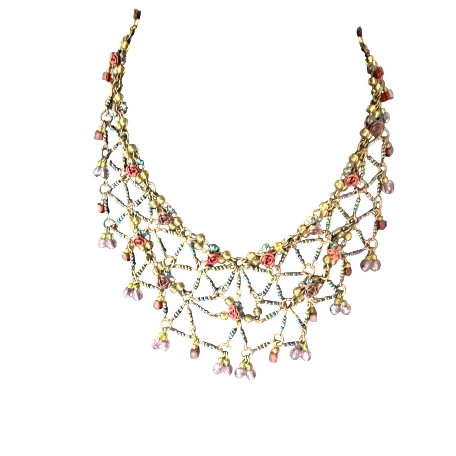 Vintage Bib Necklace Wire Hand Beaded Flower Artisan Victorian style Boho 15-17