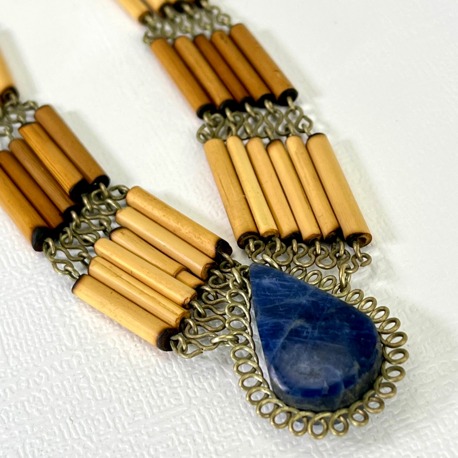 Vintage Boho Necklace Blue Stone Pendant Bamboo Bead Bib Statement 16”