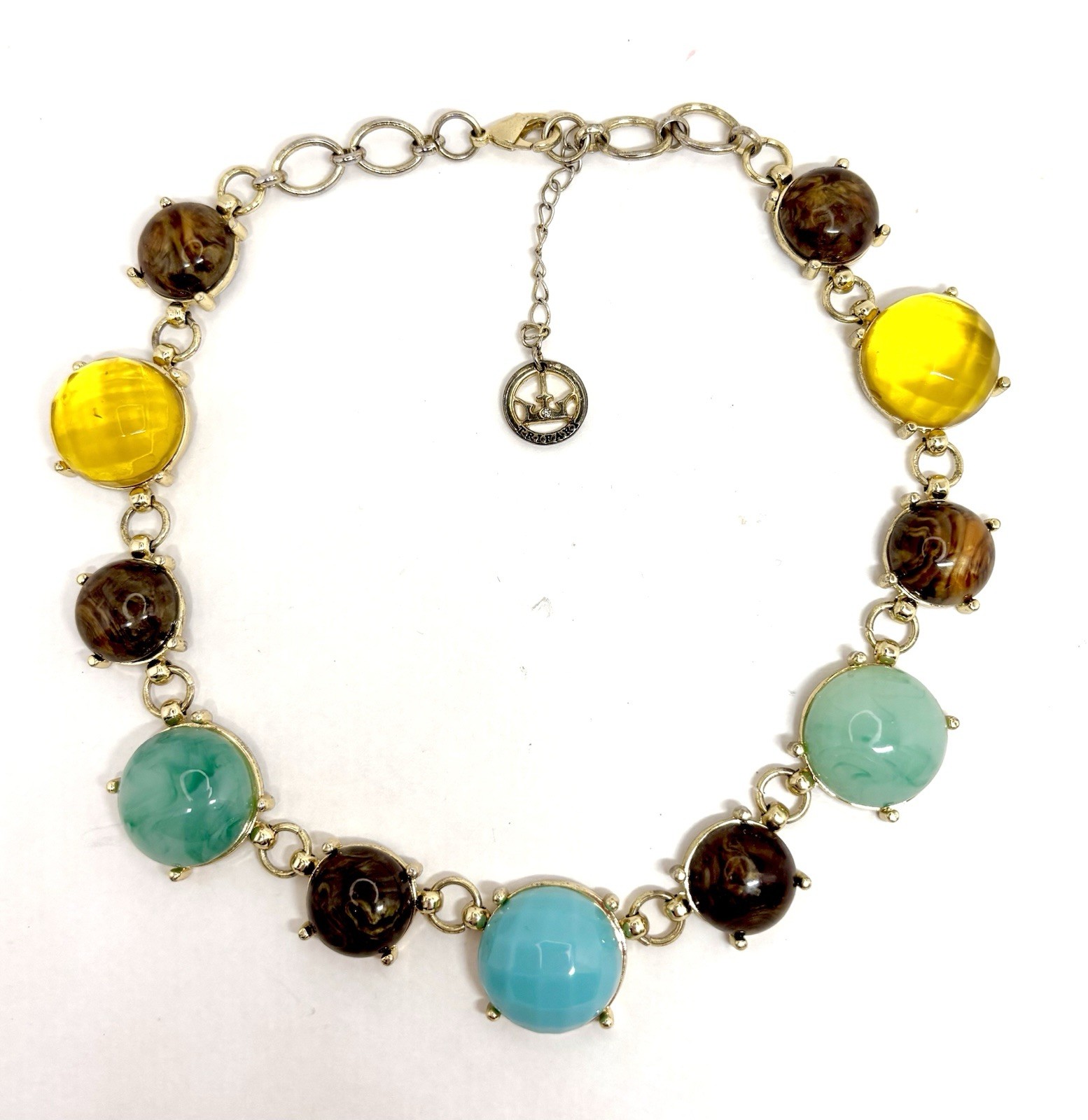 Crown Trifari Lucite Statement Necklace 15-17 In Gold Tone Colorful Signed Vinyl