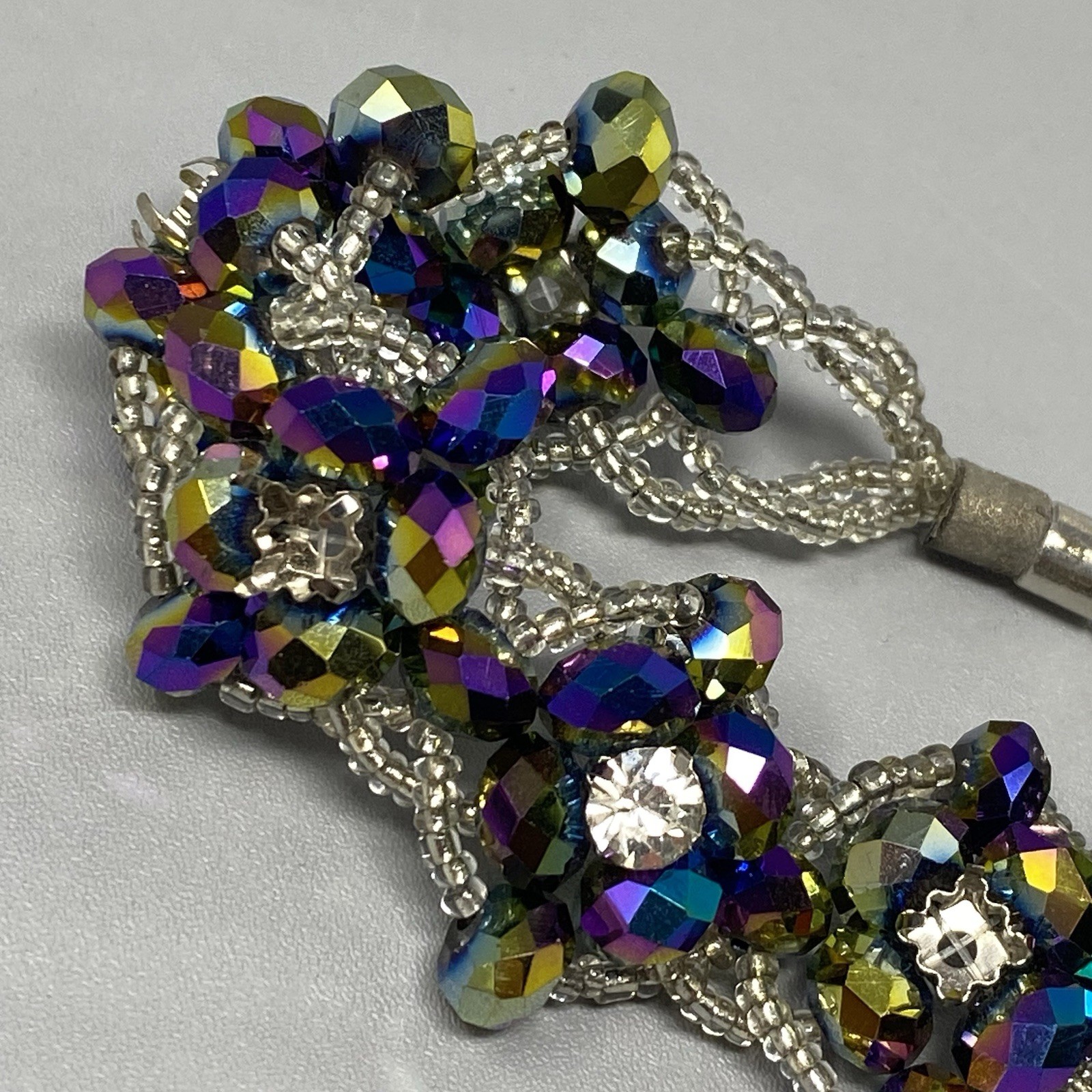 Glass Bead Bracelet Purple Metallic Oil Slick Peacock Coated Chunky Repair 6.5″