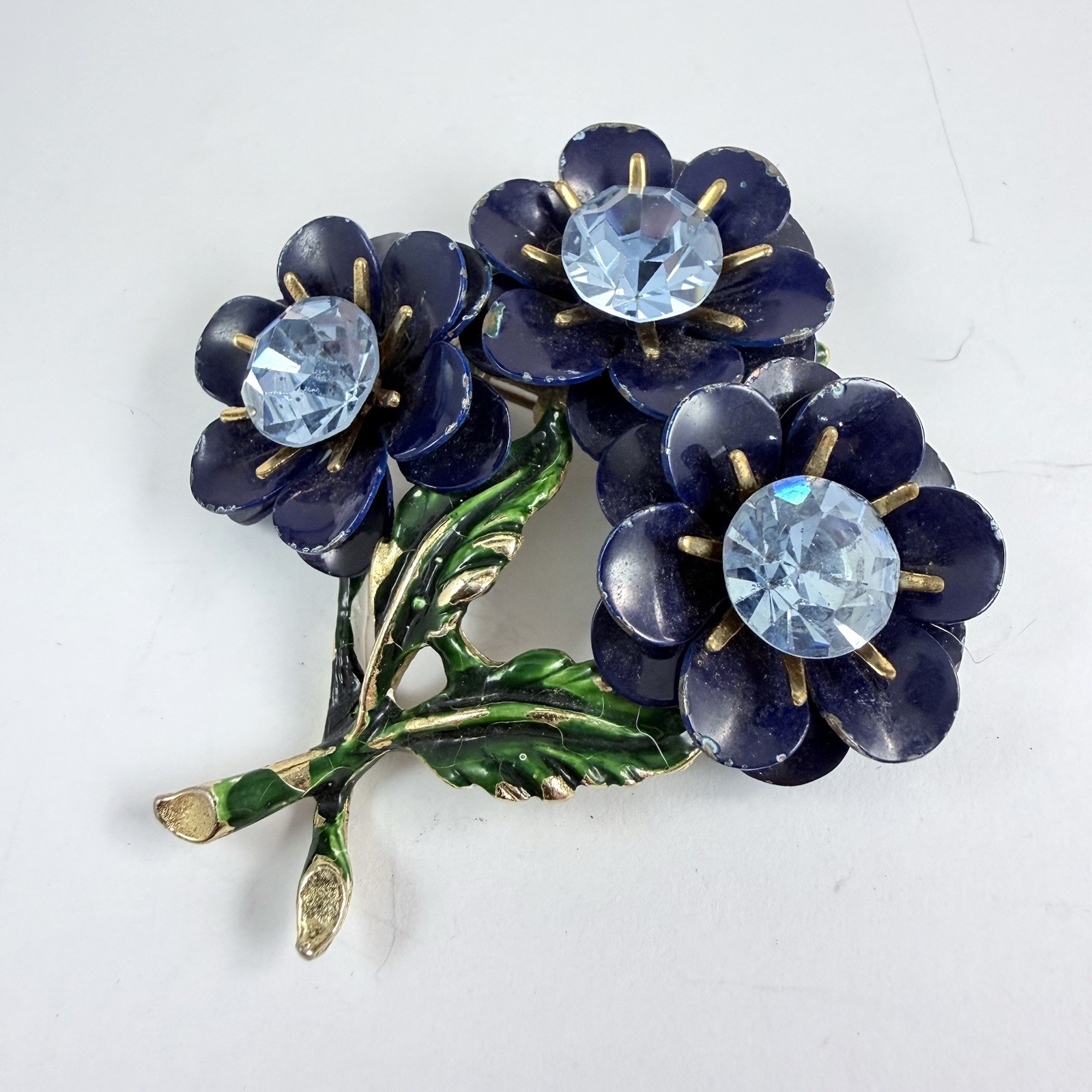 Vintage Blue Rhinestone Enameled Flower Brooch Estate Pin