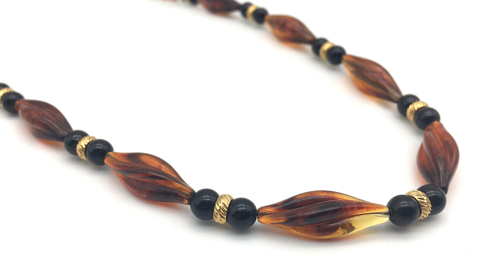 Vintage Honey Amber Twisted/Black Onyx Beads 14K Gold Fill Spacers 38″ Necklace