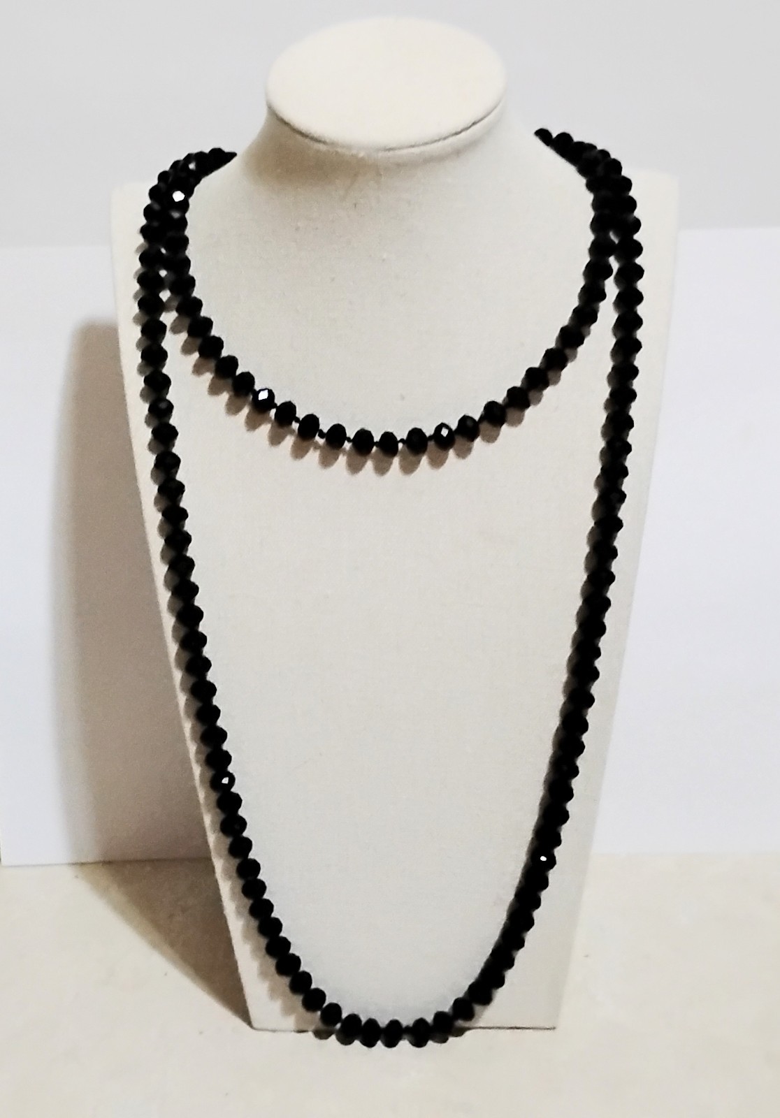 Vintage Jet Black Crystal Bead Necklace Hand Knotted 47 Long Single Strand