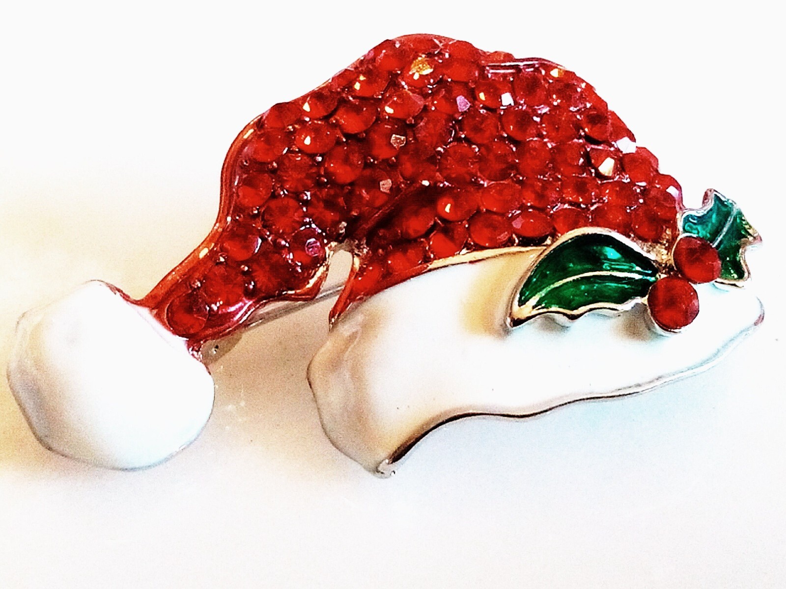 SANTA HAT BROOCH! Lovely Red Crystals! Bright Green & White Enamel! Holiday Pin!