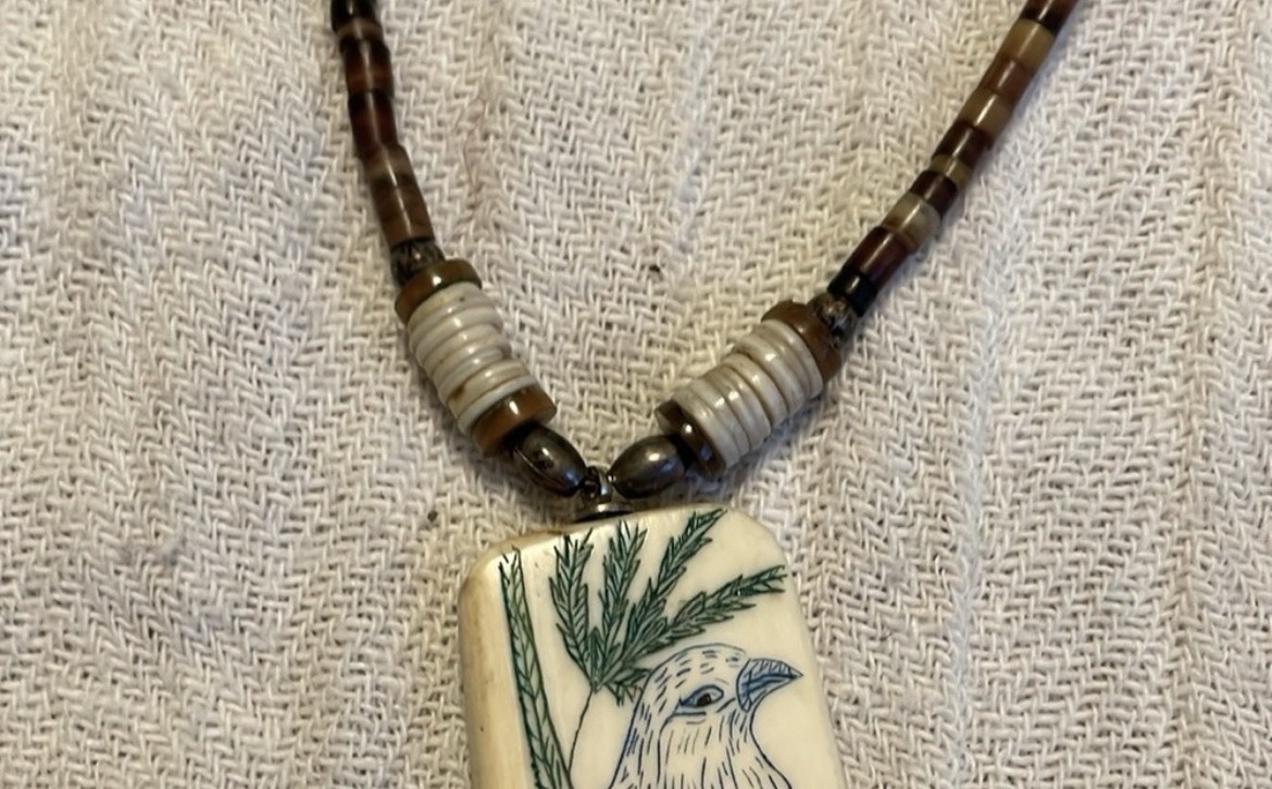 Bird On Fir Tree 1.5” Scrimshaw Necklace Vintage Heishi & Silver Tube beads 17”