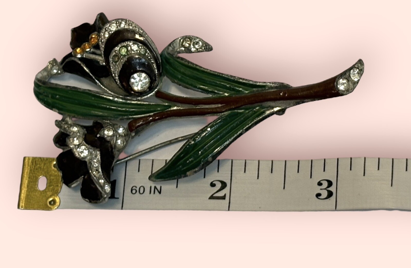 Large Figural Double Flower Brooch Enameled & Rhinestone Vintage Pot Metal