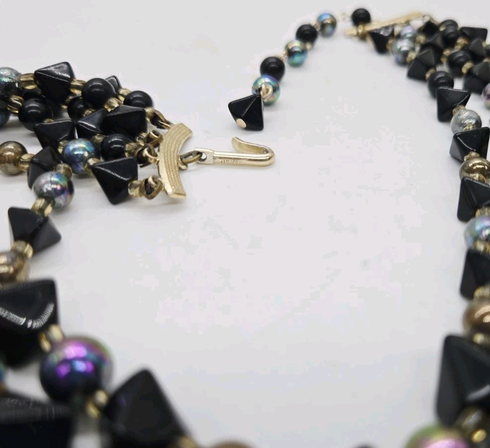 Peacock Colors Beaded Layered Necklace signed Japan Four Row Iridescent Vintage