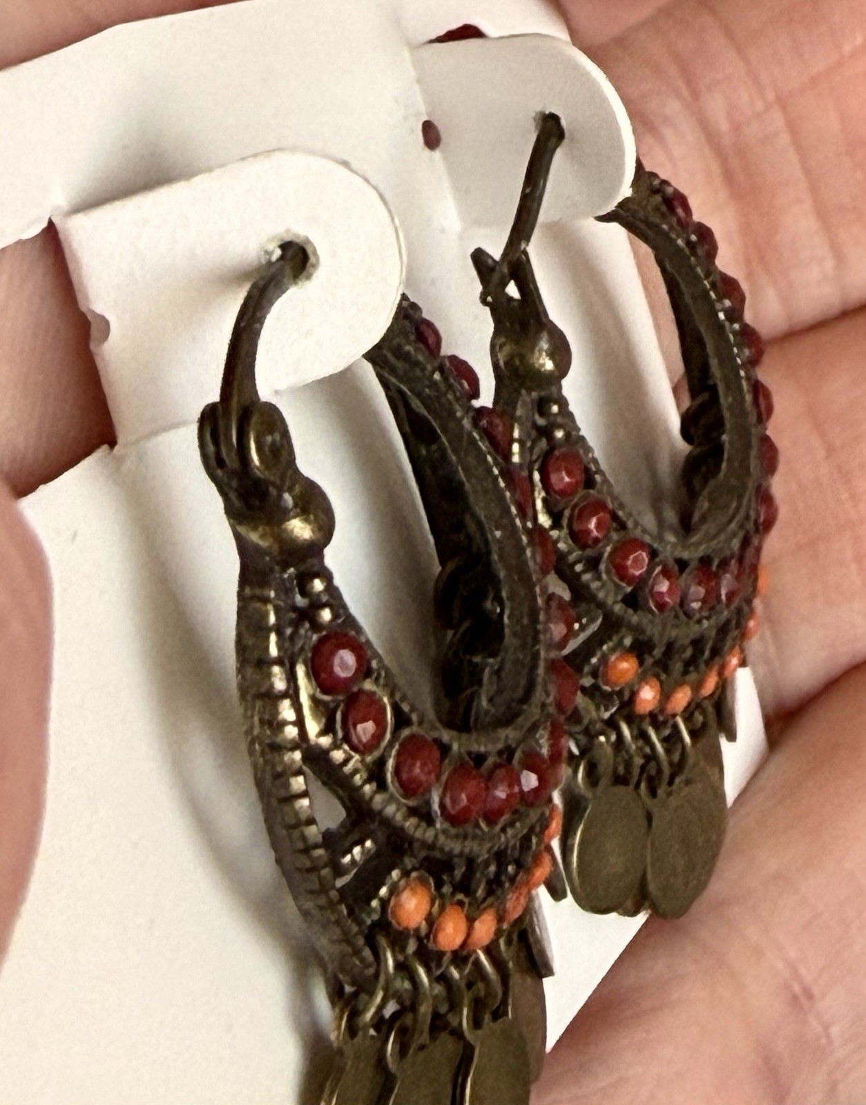 Vintage Gypsy Boho Bronze Hoop Dangle Hanging Pierced Earrings Red Orange Stones