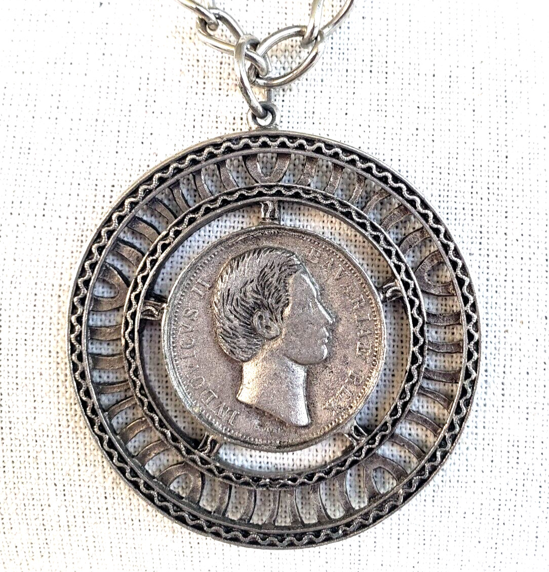 Vintage Medallion Coin Silver Tone Clasp Less Necklace 28″