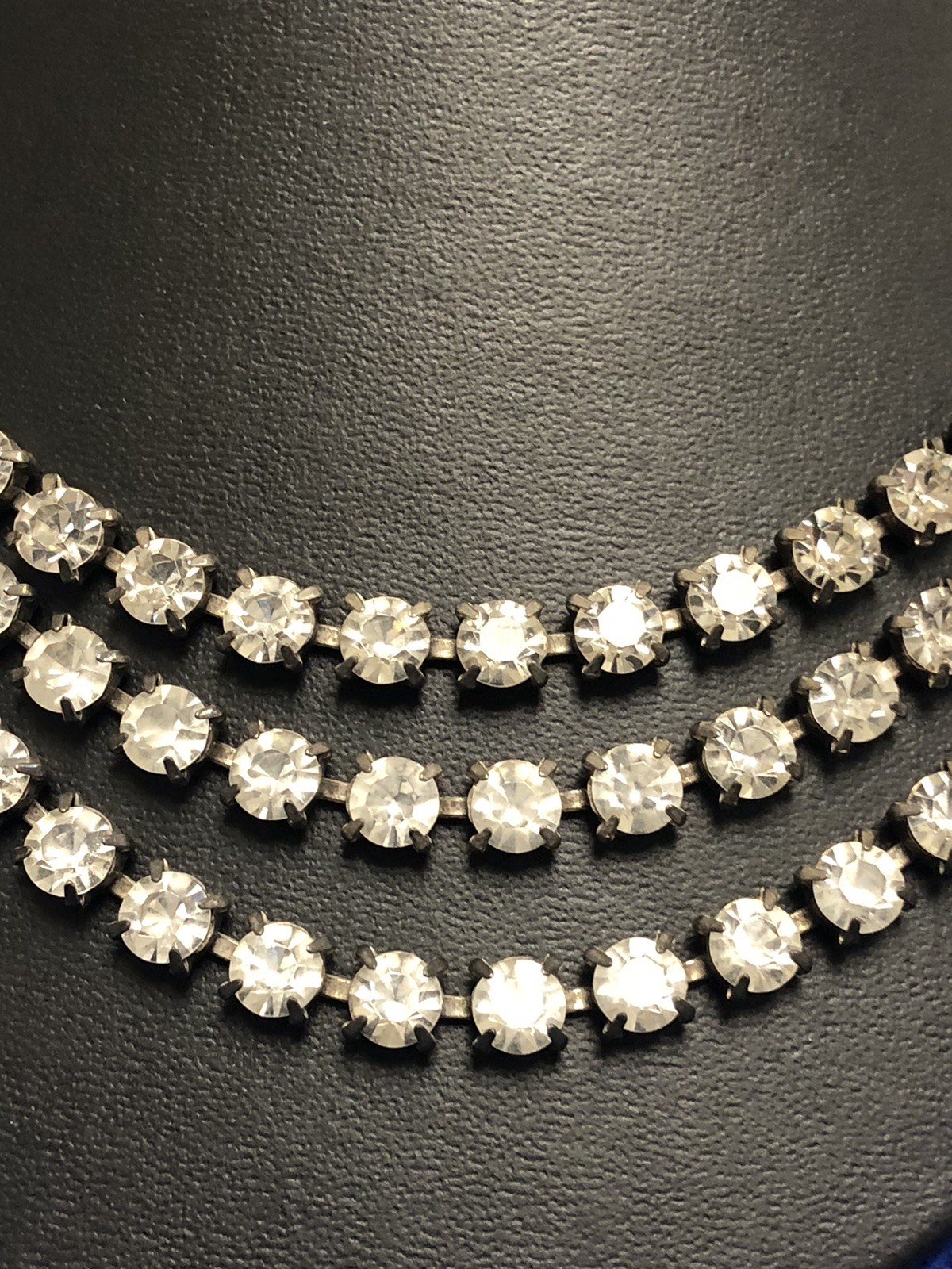 VTG 6MM RHINESTONE TENNIS STYLE SINGLE/TRIPLE STRAND SILVER TONE NECKLACE 17.5″