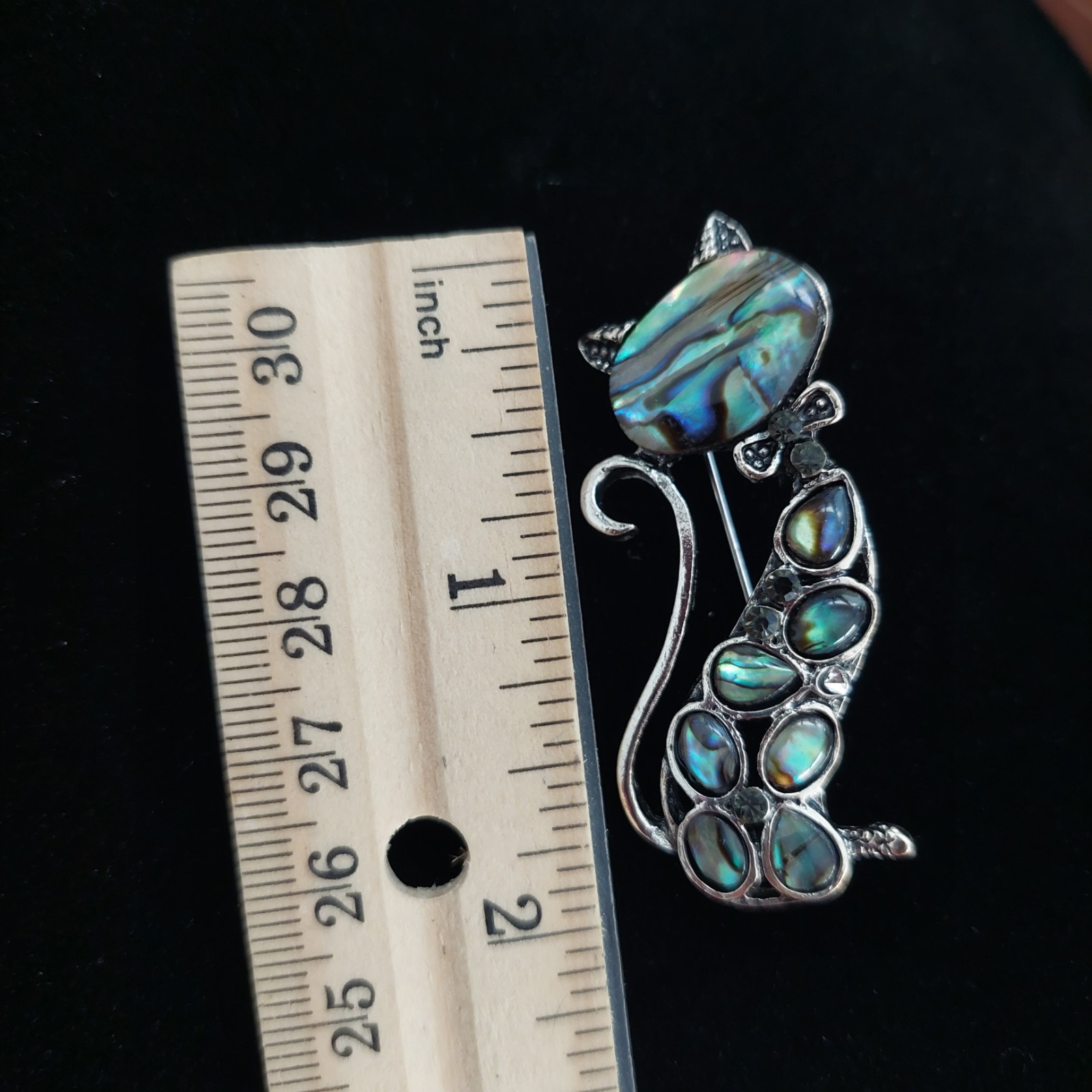 Whimsical Retro Cat Brooch Faux Abalone Silver Tone MCM Style 2″