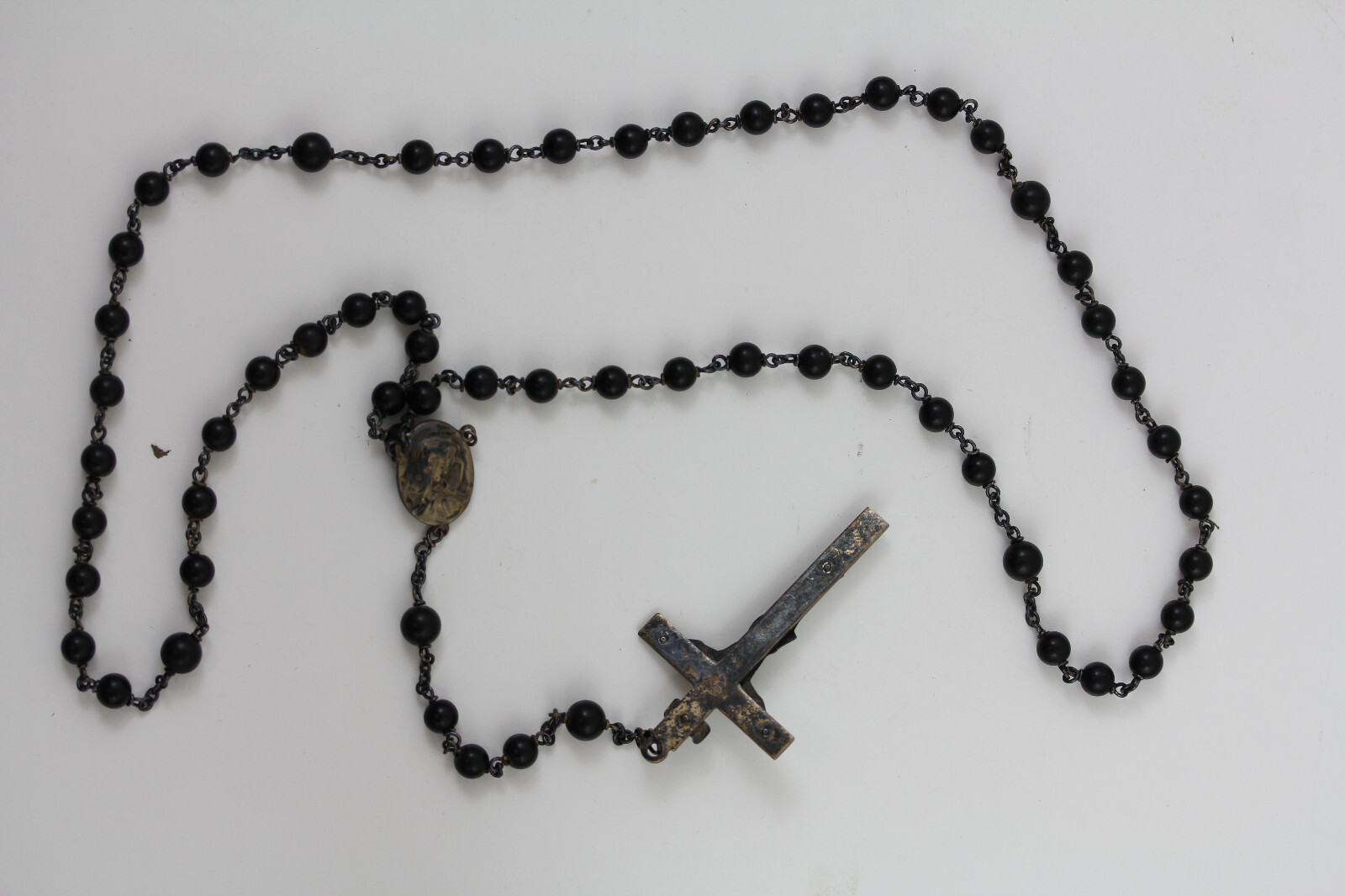 ANTIQUE ROSARY BLACK BEADS CROSS CRUCIFIX STERLING SILVER CHAIN 925 PRAYER