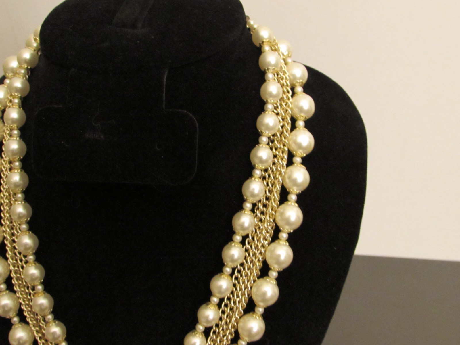 Multi Strand Choker with Faux Pearl Beads and Silver Tone Chains