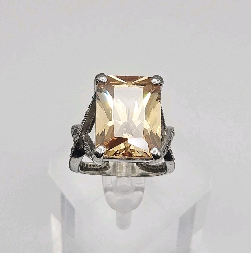 Sterling Silver Vintage 12.14ct Citrine & CZ Statement Ring Size 8