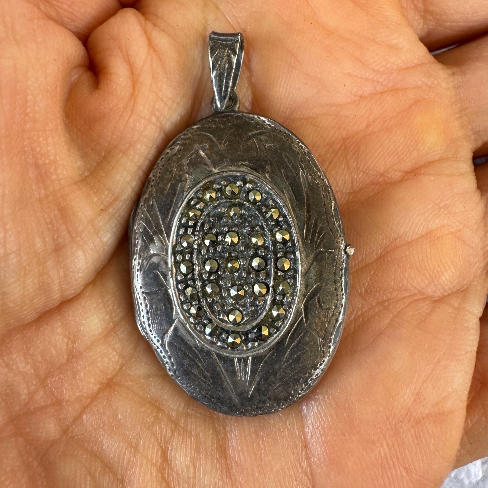 Vintage Signed NF 925 Marcasite Flora Locket Pendant Oval 12.58G Sterling Silver
