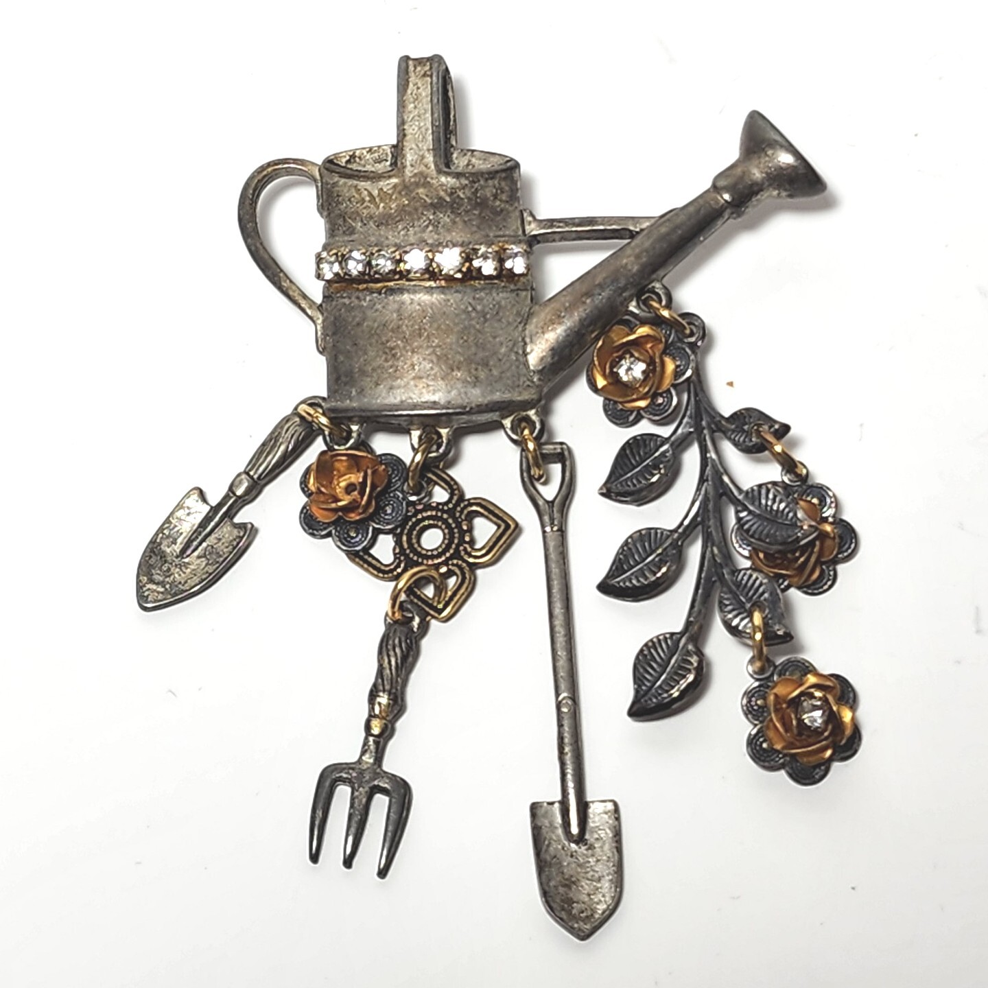 Vintage Jewelry Pewter Metal Garden Brooch Pin w Rhinestones & Gold Flowers