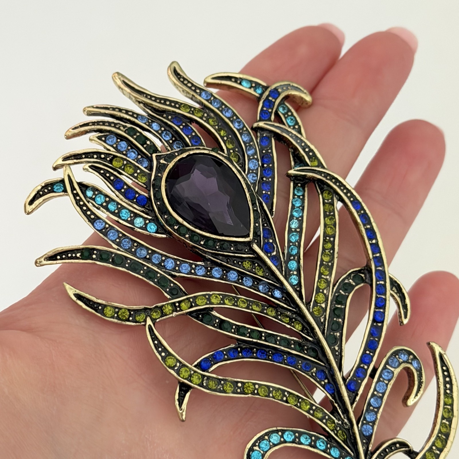Heidi Daus Signed Vintage Big Peacock Feather Rhinestone Brooch Pin Purple Blue