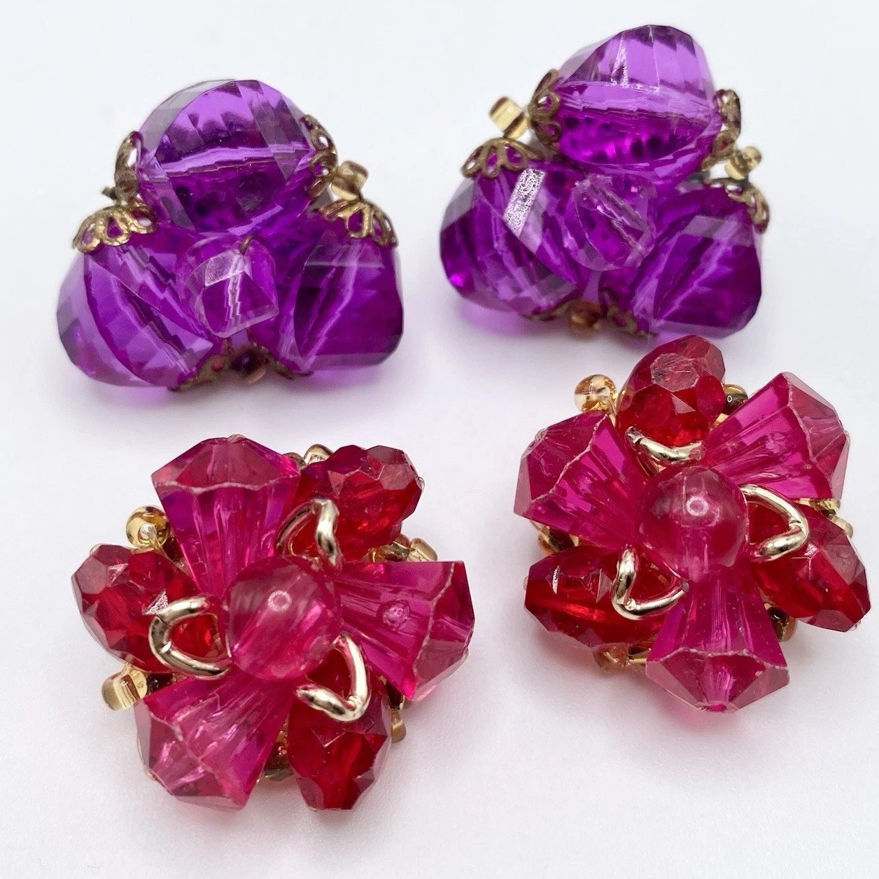 Vintage West Germany Barbiecore Clip Earrings Pink Purple Lucite Mod Set