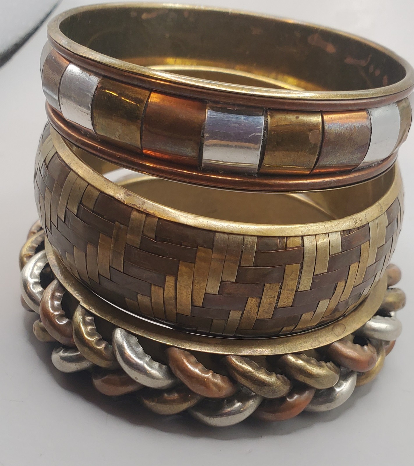 3 Vtg Tri-metal Brass Copper Bangles: Basket Weave, Braided, Rectangle Design