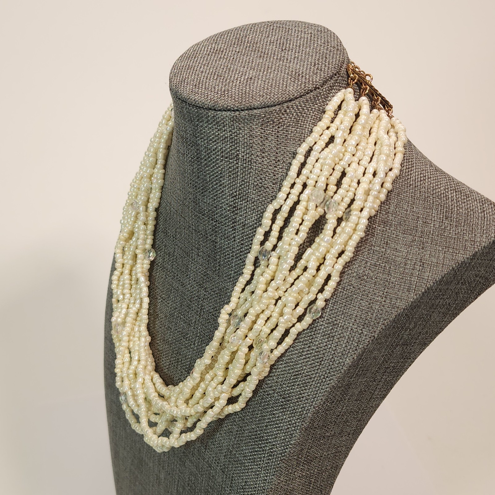 Vintage Multistrand Cream Color Seed and Faceted Bead Necklace Adjustable 15/17″