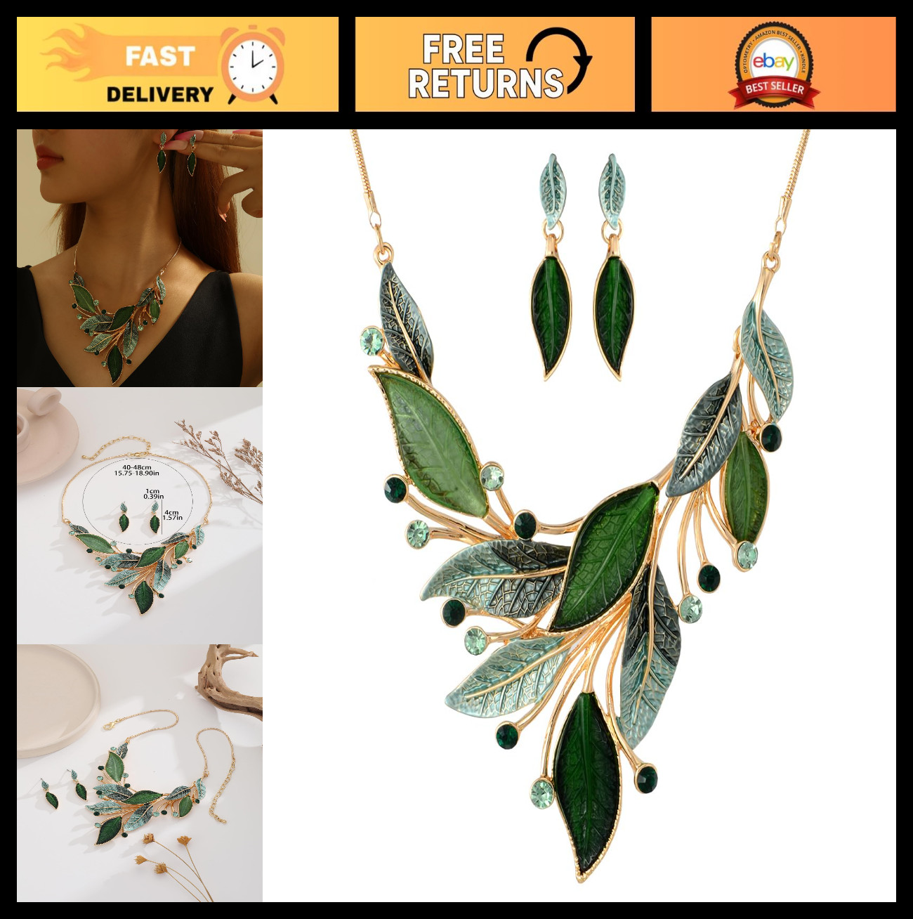 Vintage Chunky Statement Jewelry Set – Bohemian Leaf Floral Bib Necklace & Earri