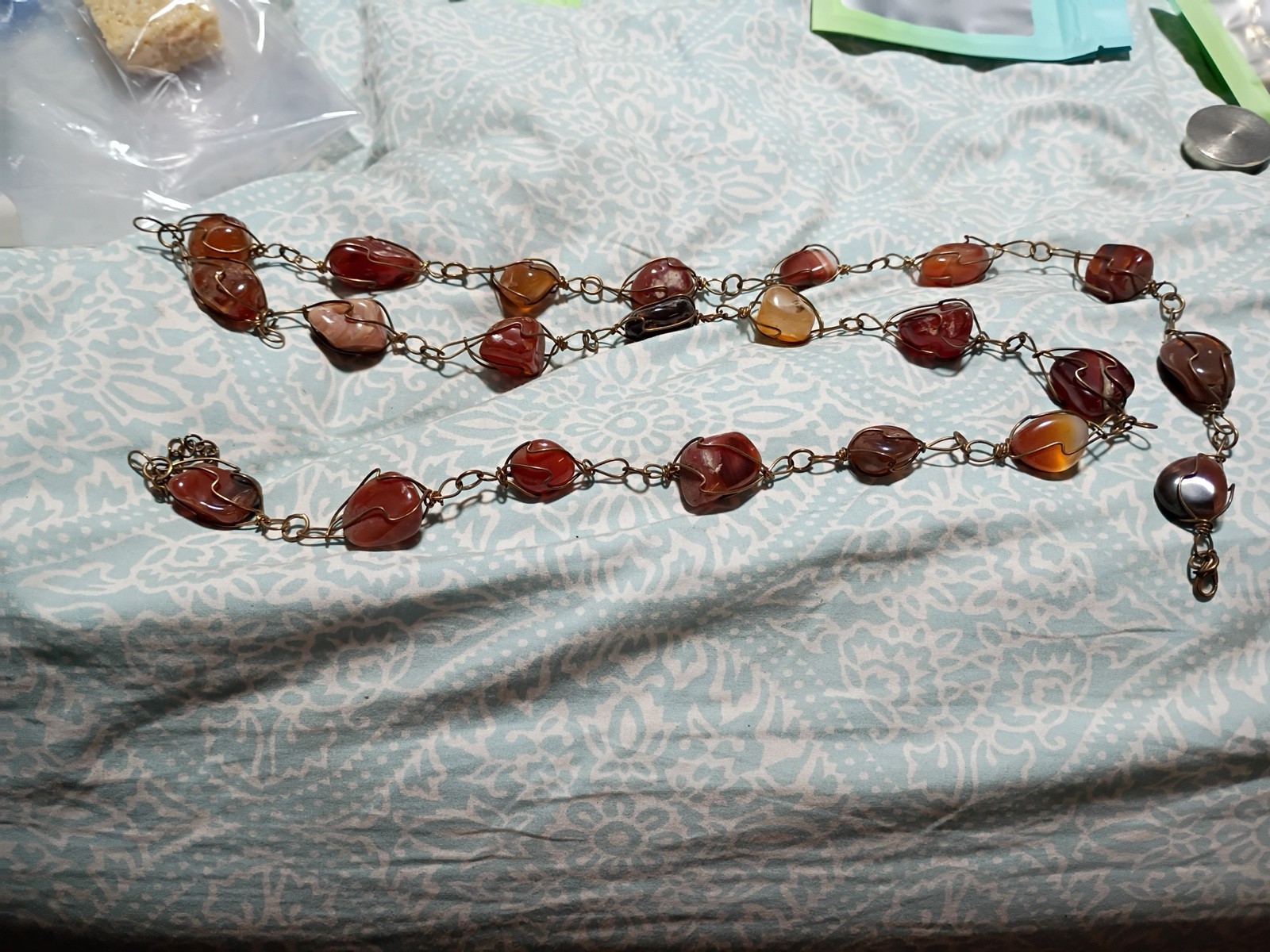 Carnelian Undrilled cage boho vintage wrapped retro gemstone necklace