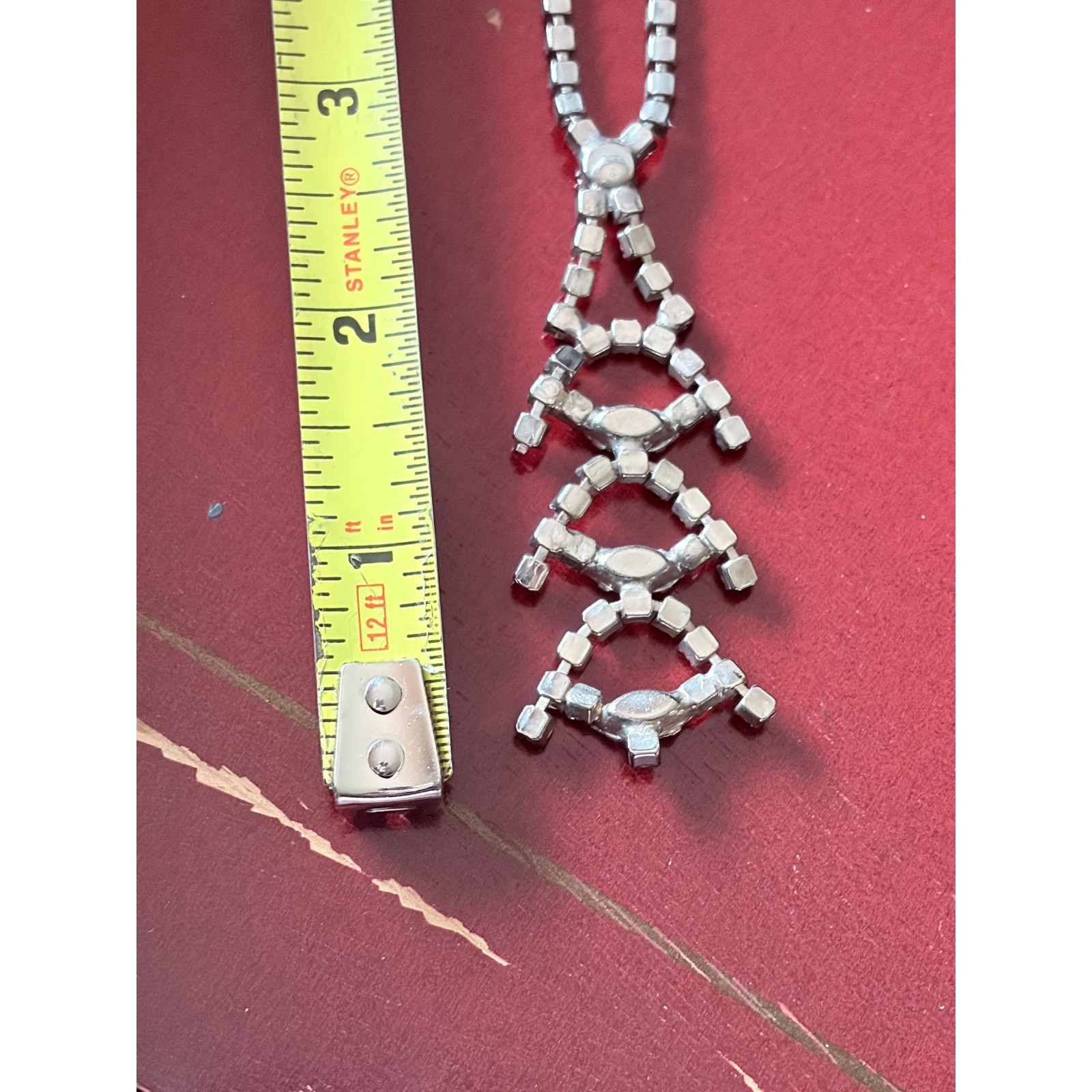 Vintage Rhinestone Geometric Pendant Necklace Stacked Lozenge Drop 14″ Prom 50s