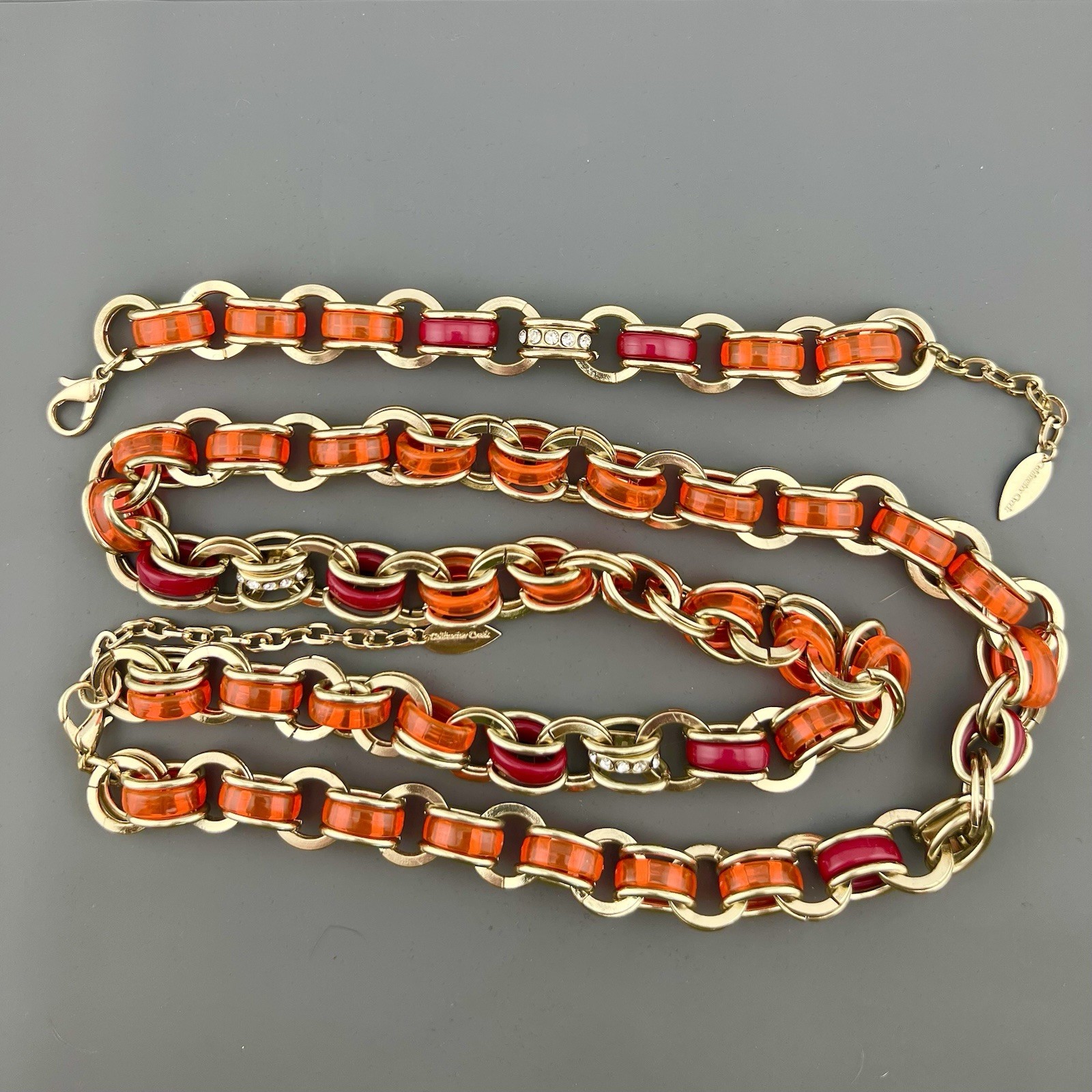 Coldwater Creek Necklace Bracelet Set Lucite Rhinestone Orange Gold Tone Signed