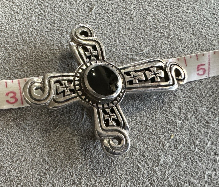 Vintage Sterling Silver Onyx Cross Brooch 2″