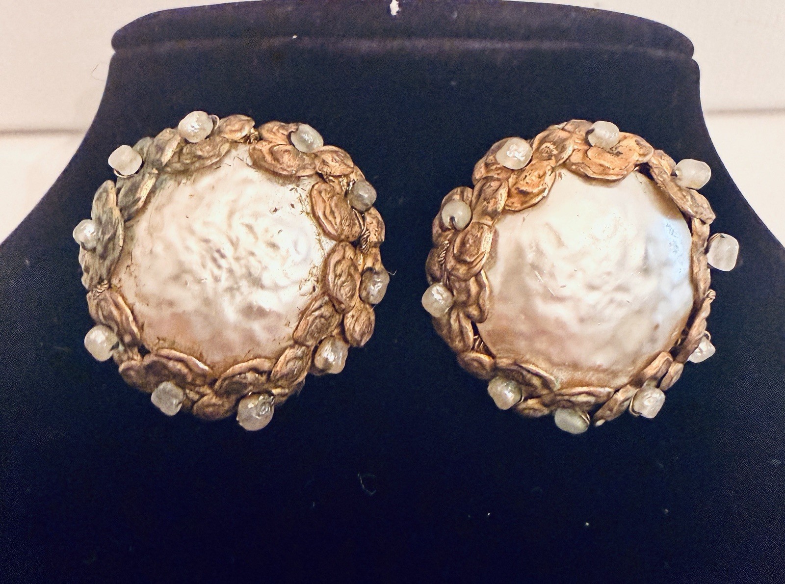 Vintage Miriam Haskell Brass Filigree Faux Pearl Clip On Earrings Mid Century