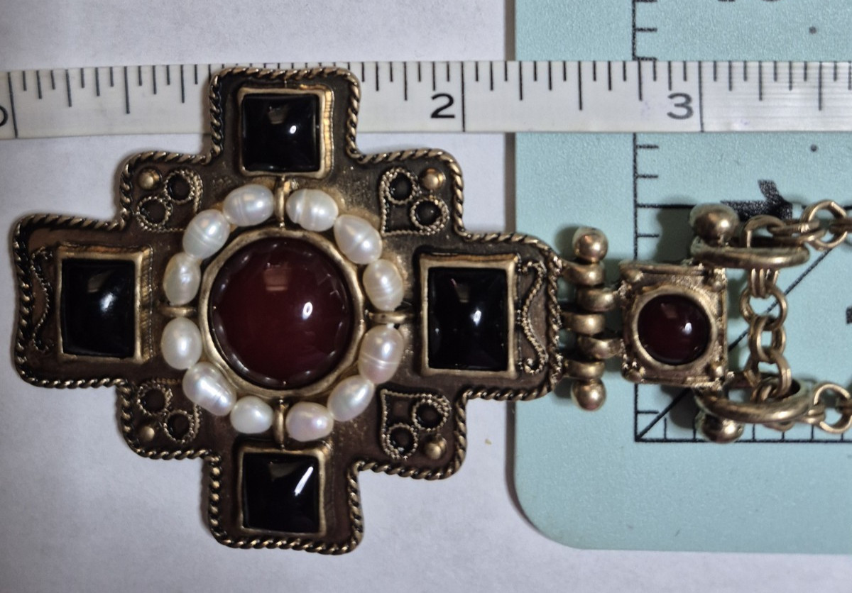 Dell’Olio Byzantine Cross Pendant Necklace Faux Pearl Red Black Statement