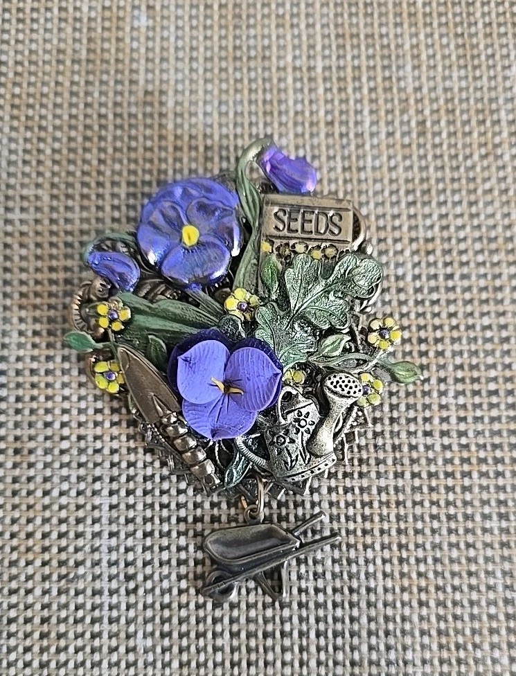 Vintage Montage Designs Handcrafted Brooch Pin Purple Flowers Seeds Garden USA.