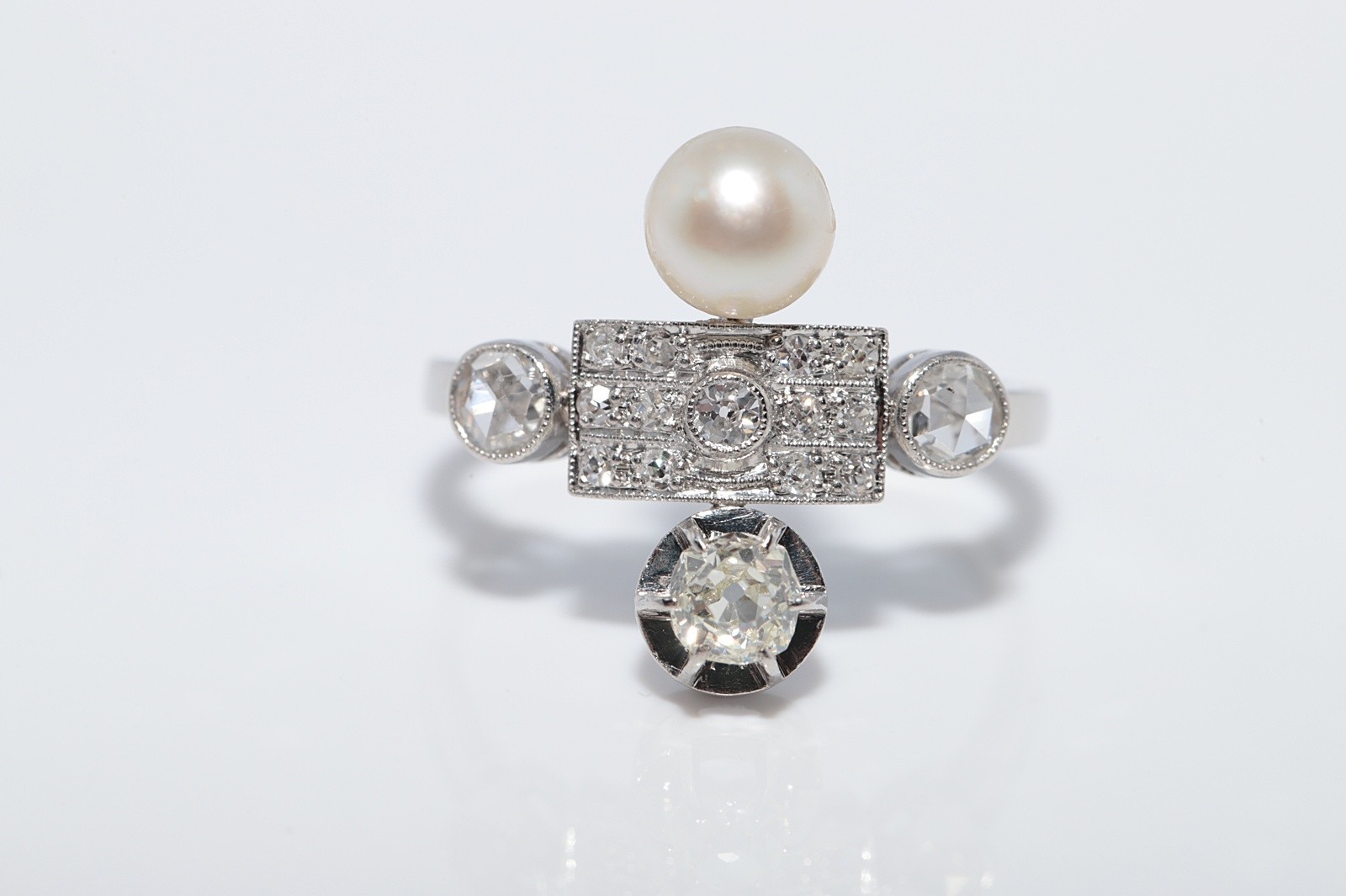 Antique Circa 1920s Platinum Art Deco Natural Diamond And Pearl Decorated Ring