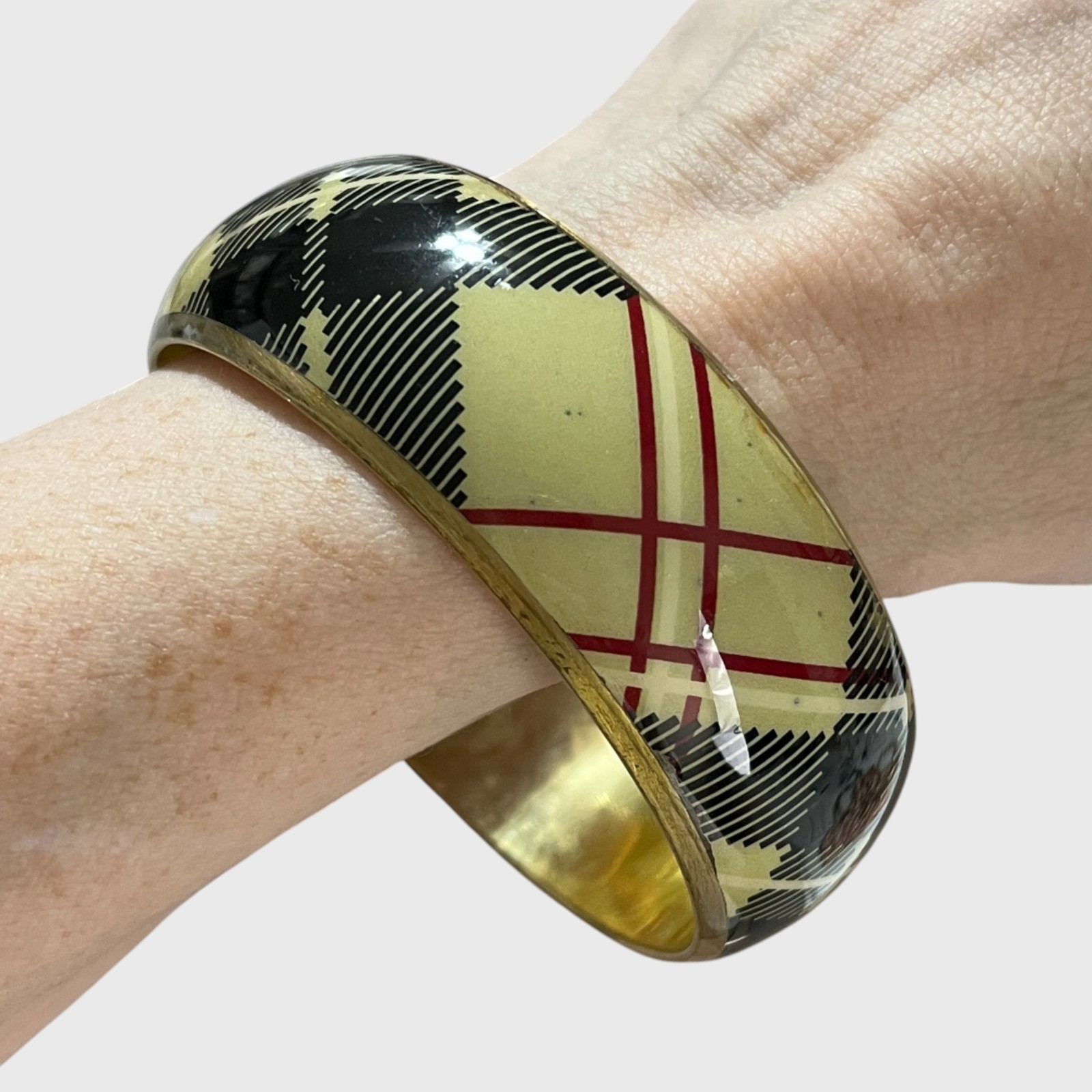 VTG Brass Bracelet Bangle Plaid Resin Metal Gold Tone Wide Chunky Prep Jewelry