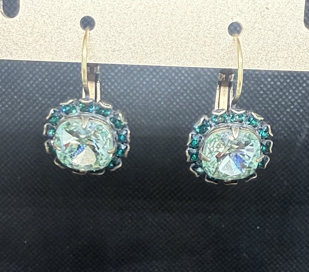 VTG LIZ PALACIOS EARRINGS LARGE lIGHT GREEN SMALL EMERALD CRYSTAL SIGNED BRASS