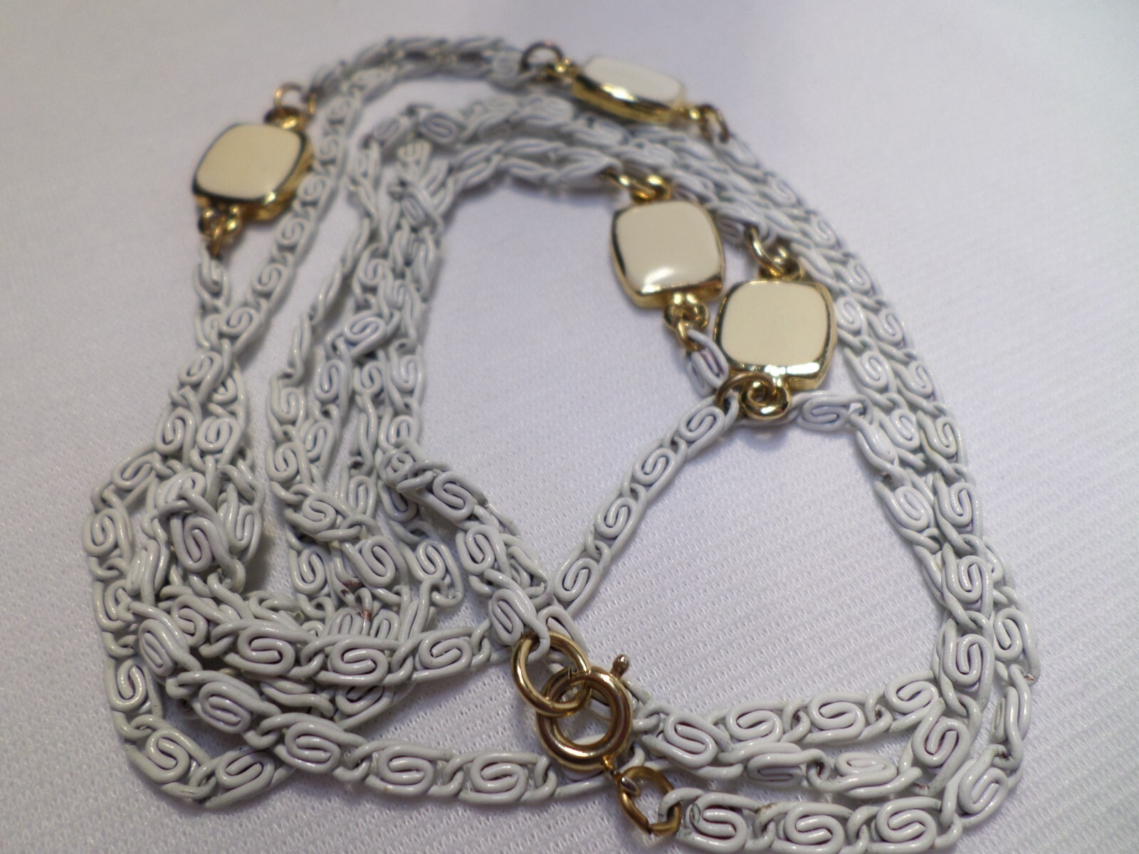 Vintage White Chain Ivory and Gold Enamel Disc Long Statement Station Necklace