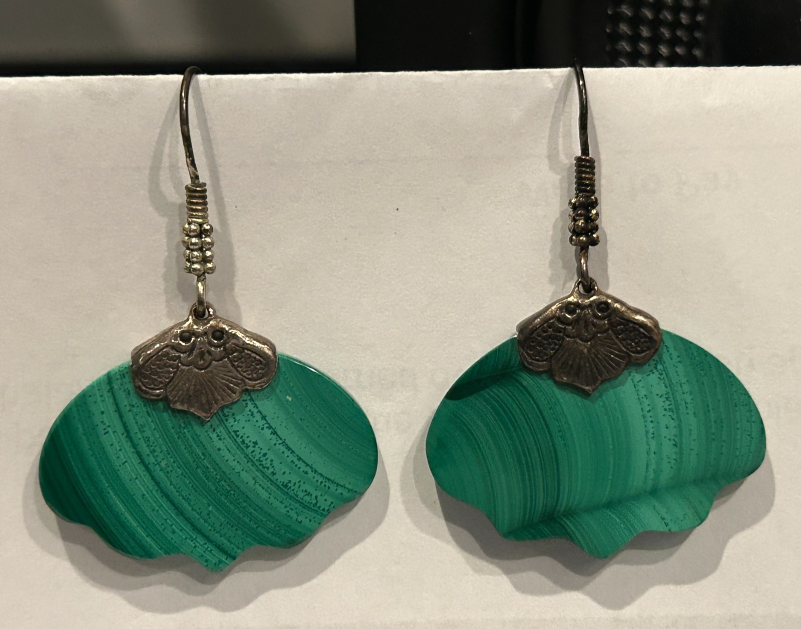 Vintage Malachite and Sterling Silver Drop Dangle Pierced Ear Hook Earrings