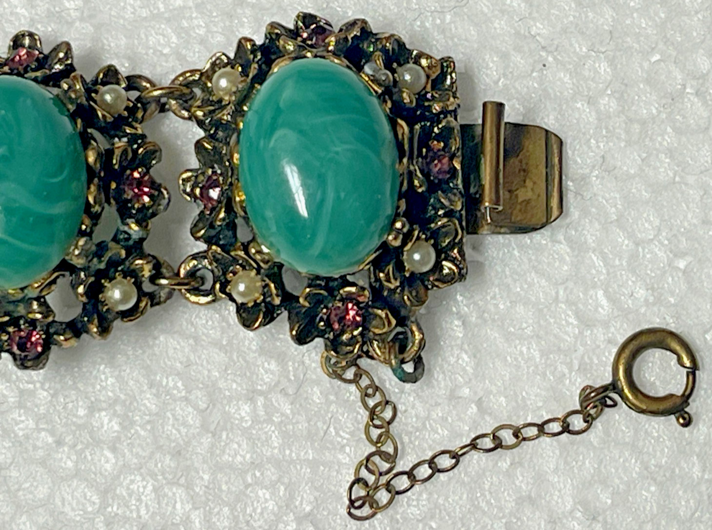 Vintage Selro or Selini Teal Green Faux Pearl Cabochon Chunky Link Bracelet