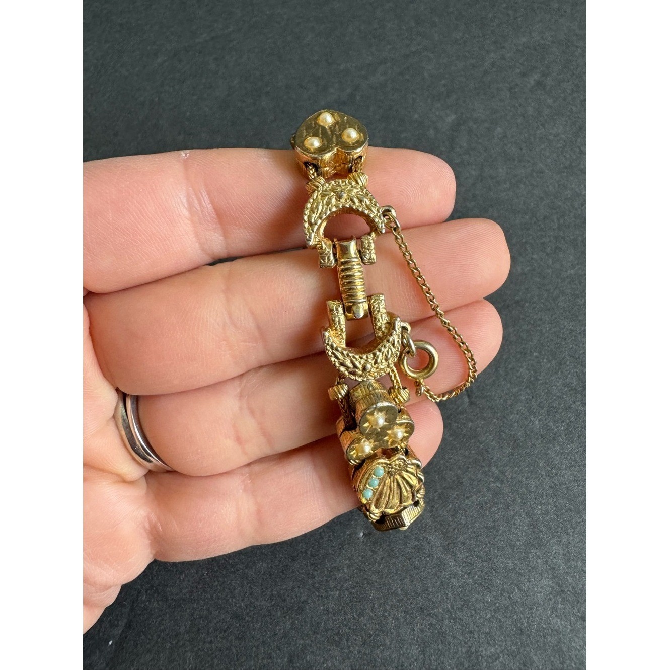 Vintage Victorian Revival Slide Charm Bracelet 60s Sweetheart Lucky Gold Tone